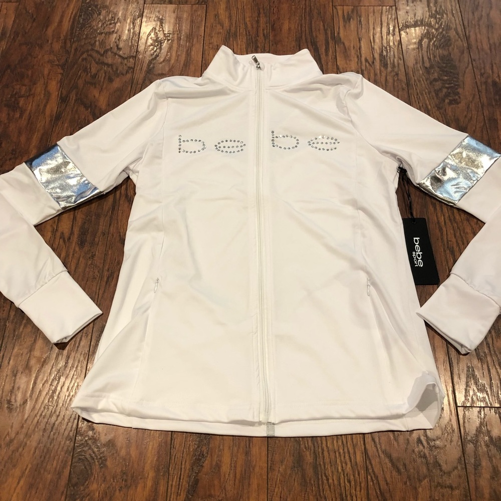 Bebe white zip up with partial mesh back